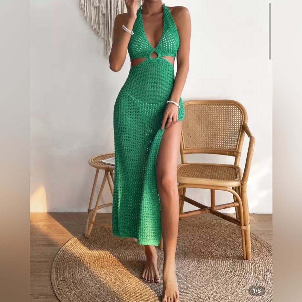 SHEIN Green Backless Knitwear Swim Cover Up Dress